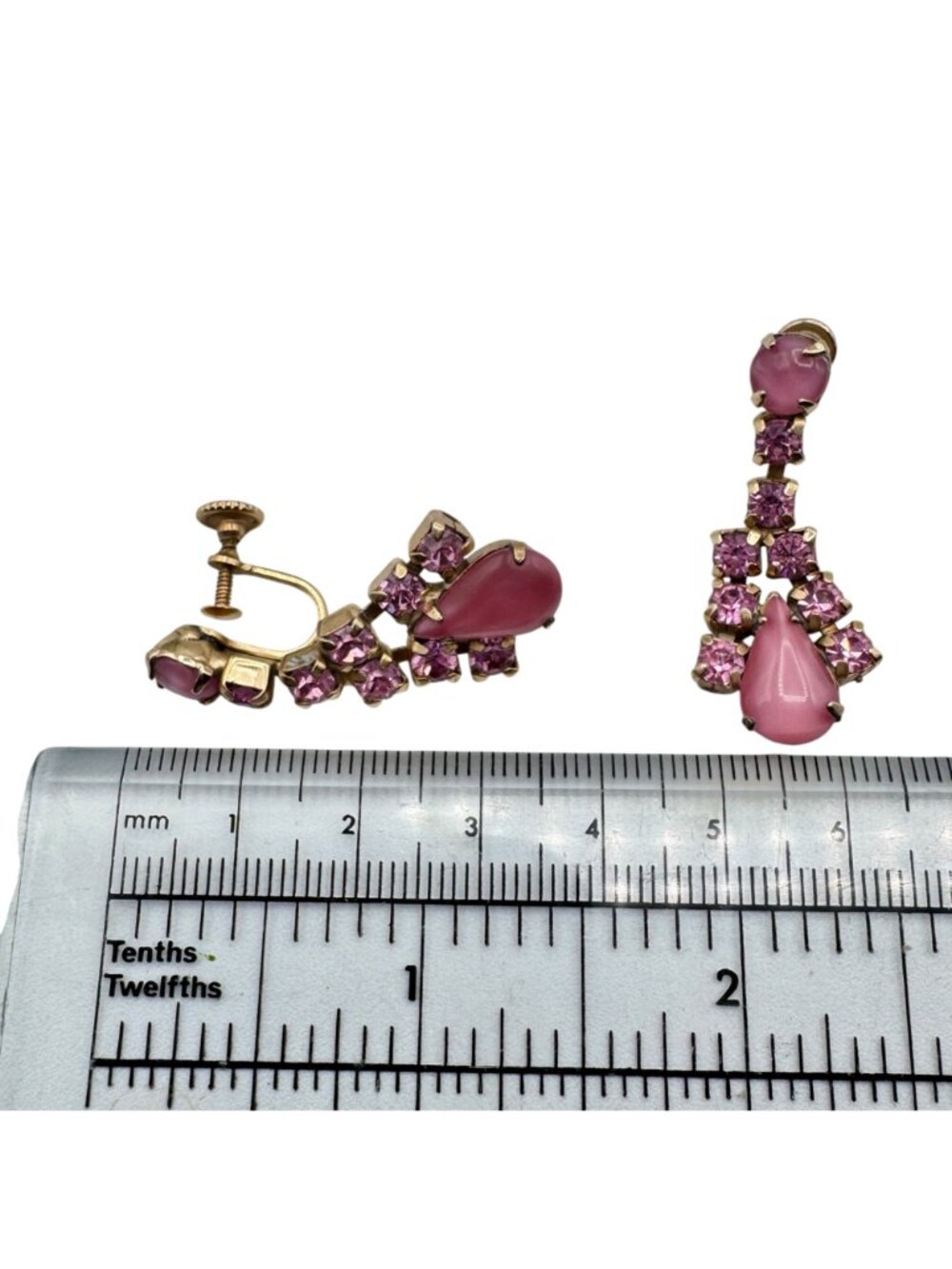 Vintage Pink Rhinestone Dangle Drop Earrings Moonglow Mid-Century Glam - Picture 11 of 11